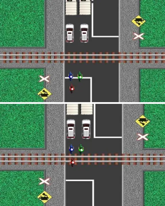 Dua gambar perlintasan kereta api dilihat dari atas: tiga sepeda motor menunggu di belakang antrean mobil, lalu sepeda motor merah berhenti tepat di atas rel di belakang sepeda motor lain.