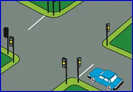 Persimpangan dengan lampu lalu lintas di setiap sudut, semuanya menyala kuning; sebuah sedan biru mendekati garis berhenti dari arah kanan bawah.