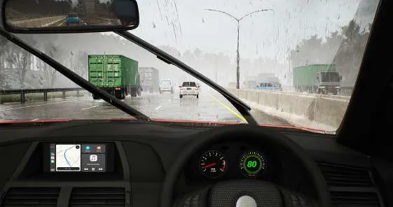 Pandangan dari kursi pengemudi di jalan tol saat hujan deras: kaca depan basah, truk dan mobil lain di depan, speedometer menunjukkan 80.