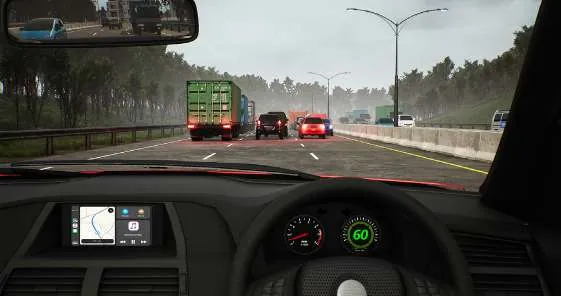 Pandangan dari kursi pengemudi di jalan tol: kendaraan di depan menumpuk dengan lampu rem menyala, speedometer menunjukkan 60.