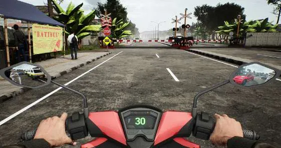 Pandangan dari atas sepeda motor: palang pintu perlintasan kereta api di depan sudah tertutup, speedometer menunjukkan 30.