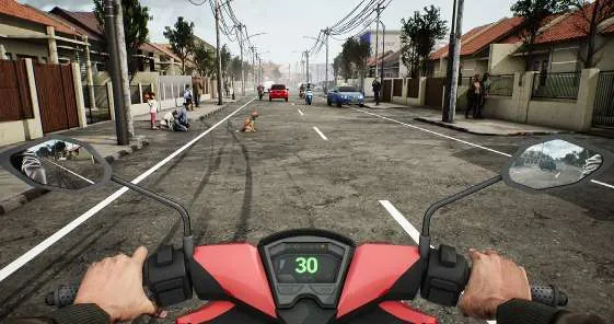 Pandangan dari atas sepeda motor di jalan permukiman: seekor anjing berada di lajur depan, anak-anak di tepi jalan, speedometer menunjukkan 30.
