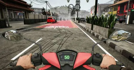 Pandangan dari atas sepeda motor: marka merah Zona Selamat Sekolah membentang di jalan depan, speedometer menunjukkan 50.
