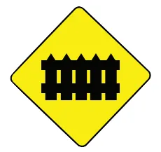 Papan tanda amaran berbentuk berlian berwarna kuning dengan gambar pagar berwarna hitam.