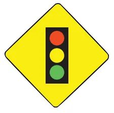 Papan tanda amaran berbentuk berlian berwarna kuning dengan gambar lampu isyarat merah, kuning dan hijau.
