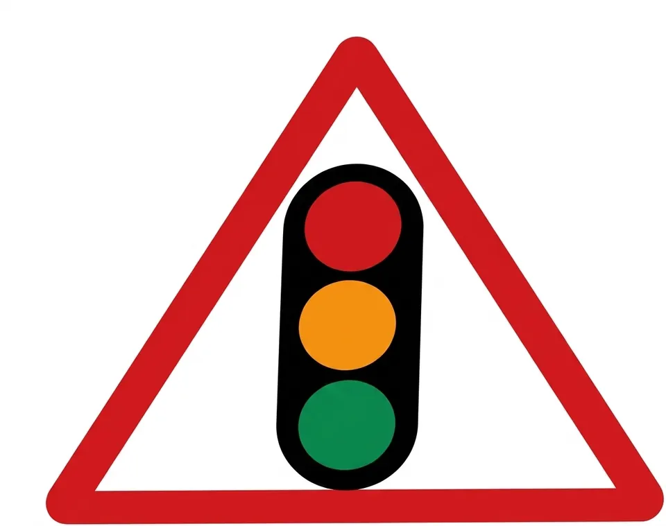 Red-bordered triangular sign showing a traffic light with red, amber and green lamps.