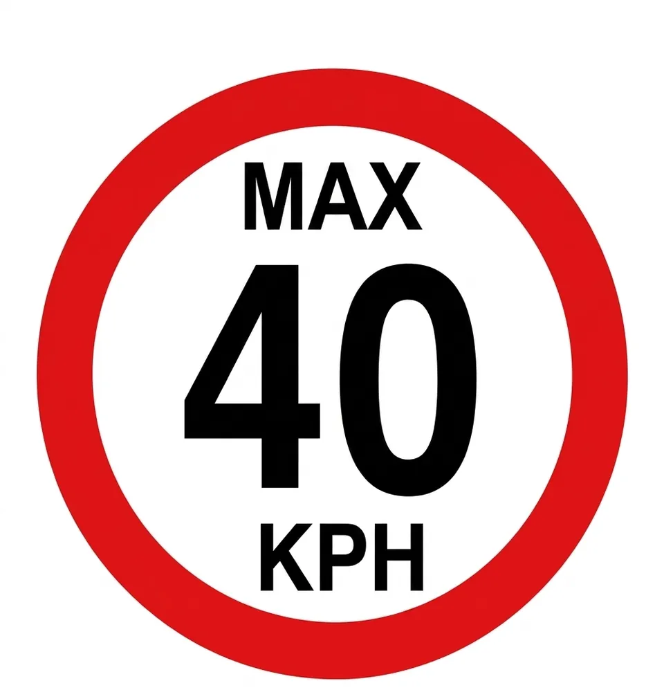 Round red-bordered sign with the words MAX 40 KPH in black.