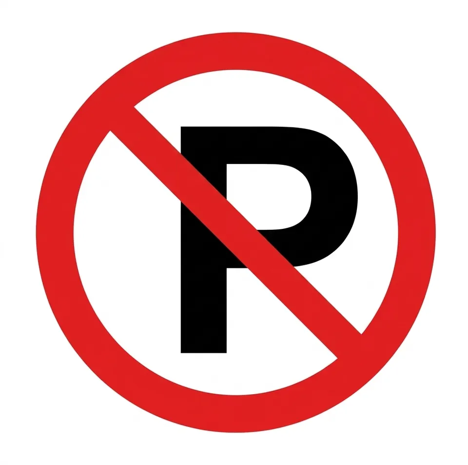 Round red-bordered sign showing a black letter P crossed by a red diagonal bar.