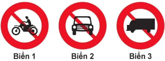 Ba biển tròn viền đỏ có gạch chéo: biển 1 vẽ người đi xe mô tô, biển 2 vẽ ô tô con, biển 3 vẽ xe tải.