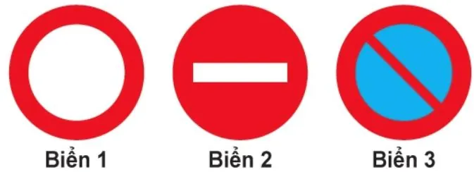 Ba biển tròn: biển 1 nền trắng viền đỏ, biển 2 nền đỏ có vạch ngang trắng, biển 3 nền xanh viền đỏ có một gạch chéo đỏ.