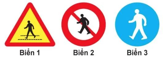 Ba biển có hình người đi bộ: biển 1 hình tam giác vàng viền đỏ có vạch sang đường, biển 2 hình tròn viền đỏ có gạch chéo, biển 3 hình tròn nền xanh.