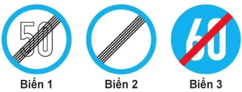Ba biển tròn: biển 1 nền trắng có số 50 bị các vạch chéo đen gạch qua, biển 2 nền trắng chỉ có các vạch chéo đen, biển 3 nền xanh có số 60 bị vạch chéo đỏ gạch qua.