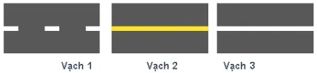 Ba mẫu vạch kẻ giữa mặt đường: vạch 1 nét đứt màu trắng, vạch 2 nét liền màu vàng, vạch 3 nét liền màu trắng.
