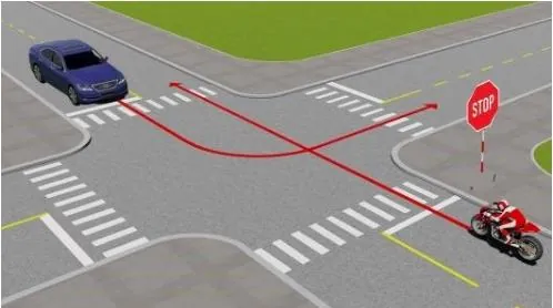 Sa hình ngã tư: xe con đi từ góc trên bên trái, xe mô tô đi từ góc dưới bên phải và đứng cạnh biển STOP; mũi tên đỏ chỉ hướng đi của hai xe.