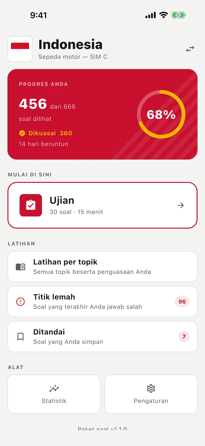 Layar beranda aplikasi untuk SIM C dalam bahasa Indonesia: progres, hari beruntun, kartu Ujian, dan menu latihan.