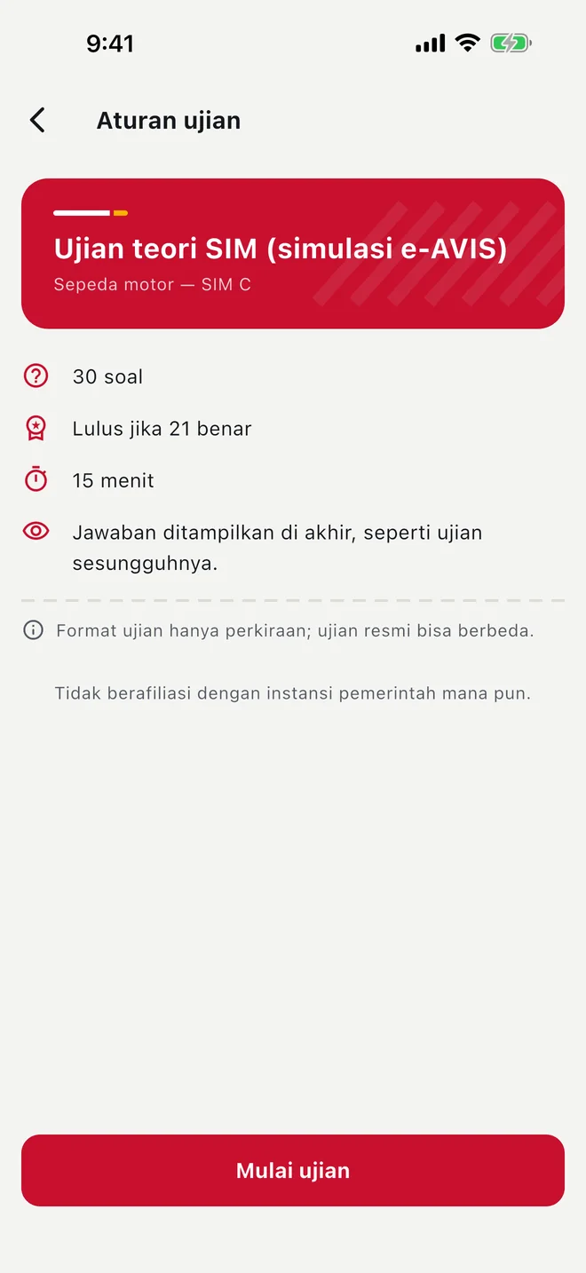 Aturan ujian dalam bahasa Indonesia: 30 soal, lulus jika 21 benar, 15 menit, catatan bahwa format ujian hanya perkiraan, dan keterangan tidak berafiliasi dengan instansi pemerintah.