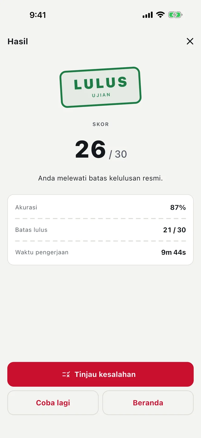 Hasil simulasi ujian yang lulus, dalam bahasa Indonesia: stempel Lulus, skor, akurasi, batas lulus, dan waktu pengerjaan. Angka-angkanya adalah data demo.
