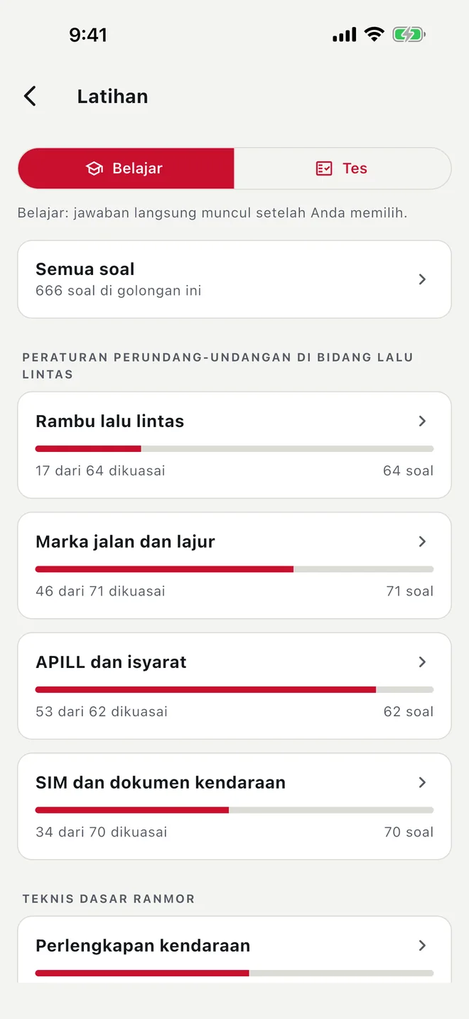 Layar Latihan dalam bahasa Indonesia: mode Belajar dan Tes, Semua soal, serta daftar topik dengan bilah penguasaan.
