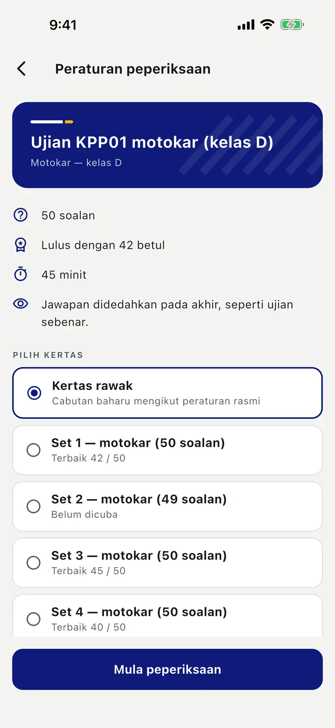 Peraturan peperiksaan untuk motokar dalam Bahasa Melayu: bilangan soalan, markah lulus, had masa, dan pemilih kertas dengan kertas rawak serta set latihan.