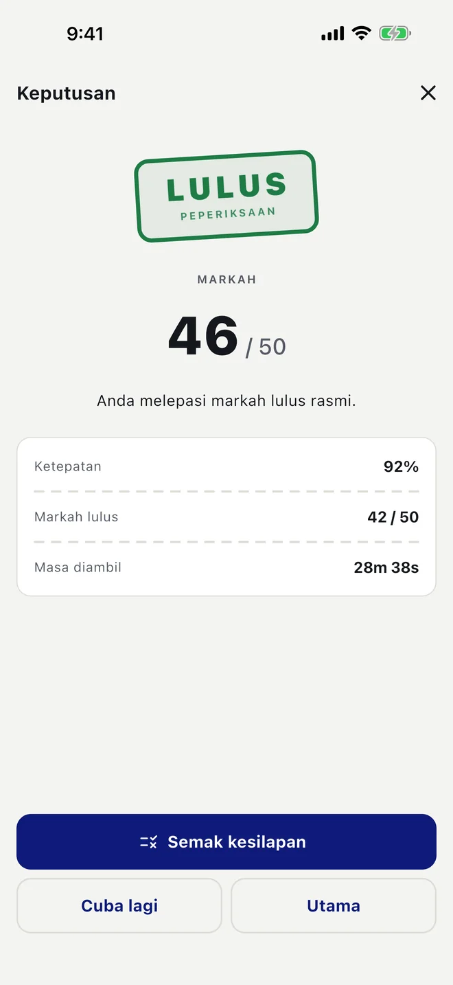 Keputusan kertas yang lulus dalam Bahasa Melayu: plat LULUS, markah, ketepatan, markah lulus dan masa diambil. Angka-angka itu ialah data demo.