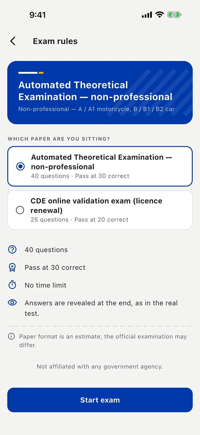 Exam rules in English: the choice between the ATE and the CDE paper, the question count, the pass mark, no time limit, the estimate note and the not-affiliated line.