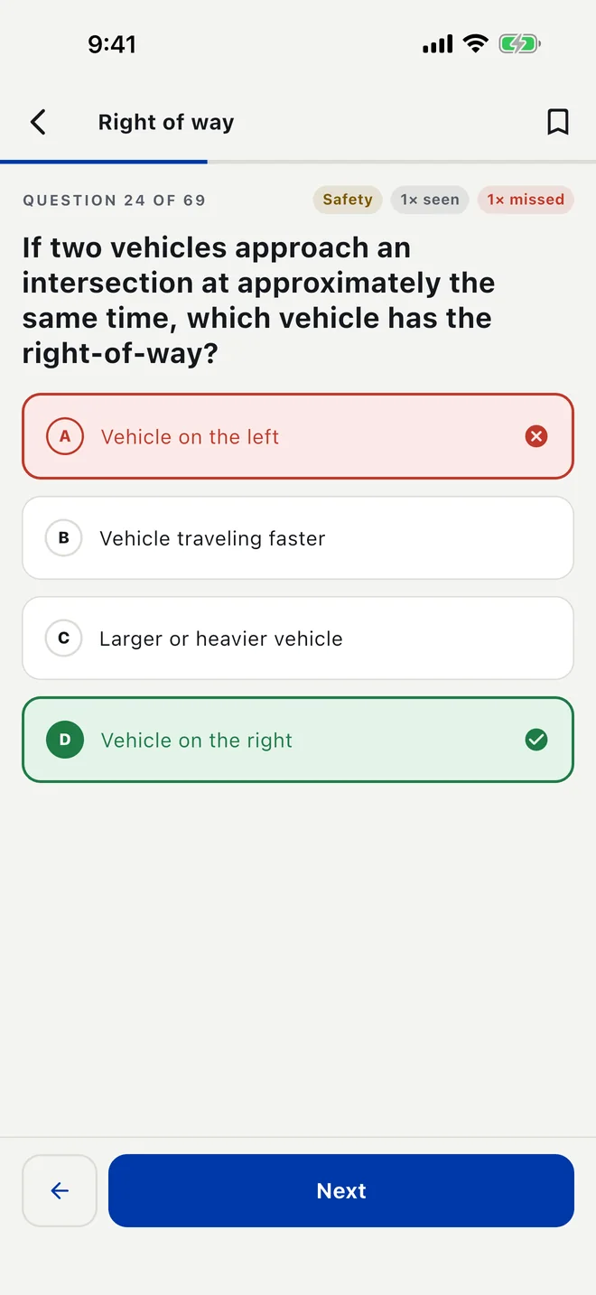 Study mode in English after a wrong pick: wrong answer in red with a cross, correct answer in green with a tick, and the Safety badge.