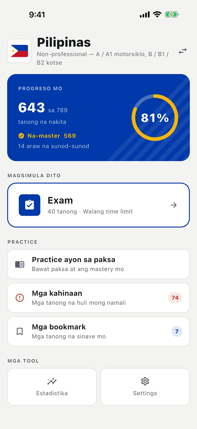 Home screen ng app para sa non-professional track, sa Filipino: progreso, streak, ang Exam card at ang mga practice mode.