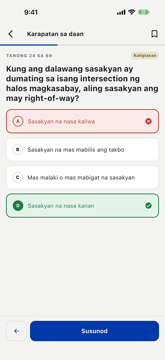 Study mode sa Filipino matapos pumili ng maling sagot: ang maling sagot ay pula at may ekis, ang tamang sagot ay berde at may tsek, at may Kaligtasan badge.