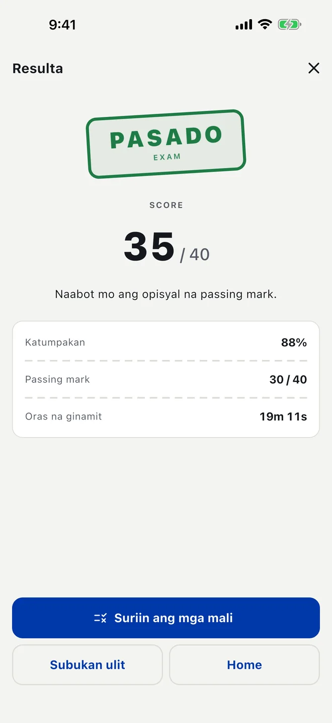Resulta ng pasadong mock exam sa Filipino: ang PASADO plate, score, katumpakan at passing mark. Demo data ang mga numero.