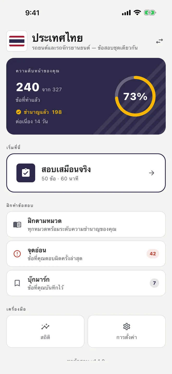 หน้าหลักของแอปในภาษาไทย: ความคืบหน้า จำนวนวันที่ฝึกต่อเนื่อง การ์ดสอบเสมือนจริง (50 ข้อ · 60 นาที) และเมนูฝึกทำข้อสอบ