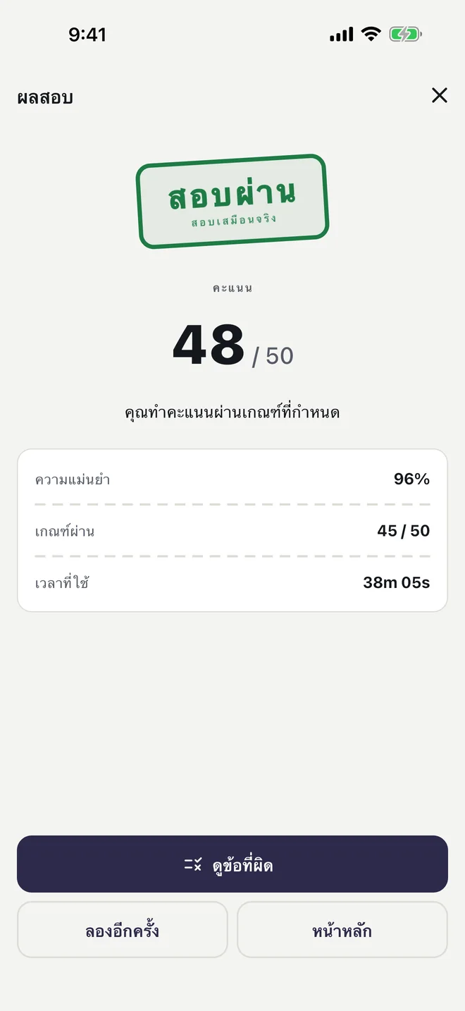 ผลสอบของการสอบเสมือนจริงที่ผ่านเกณฑ์ ในภาษาไทย: ป้ายแสดงผลสอบ คะแนน ความแม่นยำ เกณฑ์ผ่าน และเวลาที่ใช้ ตัวเลขในภาพเป็นข้อมูลตัวอย่าง