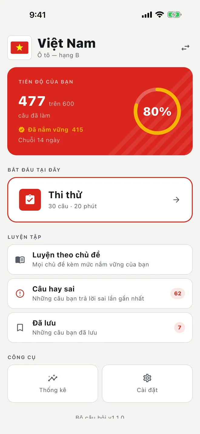 Trang chủ của ứng dụng cho hạng B, bằng tiếng Việt: tiến độ, chuỗi ngày học, thẻ Thi thử (30 câu · 20 phút), Luyện theo chủ đề, Câu hay sai và Đã lưu.