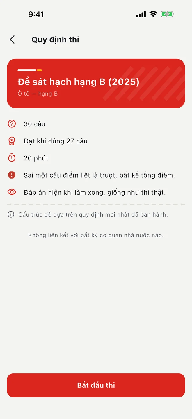 Quy định thi của hạng B, bằng tiếng Việt: 30 câu, đạt khi đúng 27 câu, 20 phút và quy tắc điểm liệt.