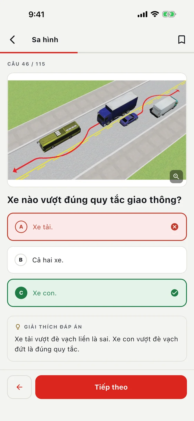 Chế độ Học bằng tiếng Việt sau khi chọn sai: đáp án sai màu đỏ, đáp án đúng màu xanh lá, bên dưới là phần giải thích đáp án.