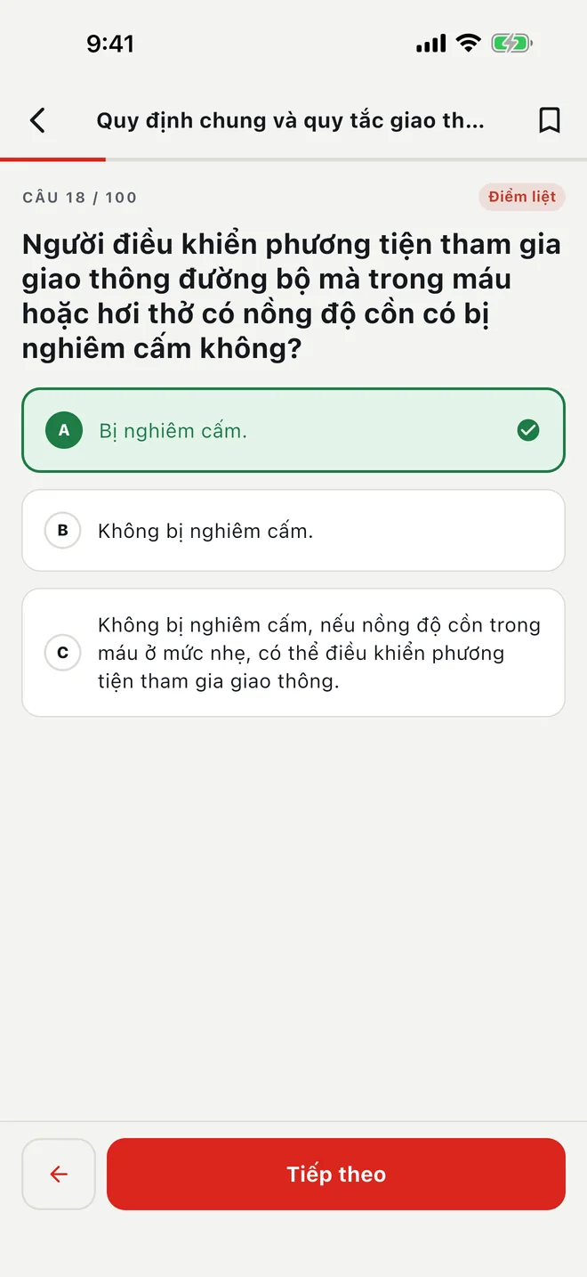 Một câu hỏi hạng A1/A bằng tiếng Việt có gắn nhãn Điểm liệt.